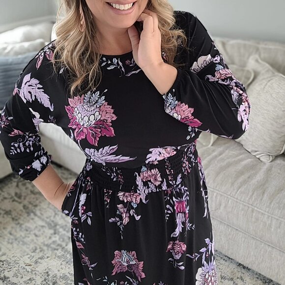 NEW NWT Tags LuLaRoe Evelyn Smocked Waist Maxi Dress Long Sleeve Black Floral - Picture 4 of 8